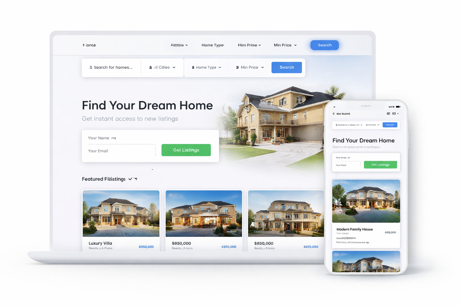 Lead-focused real estate website design with IDX and mobile UX Real estate lead generation website layout showing IDX search, lead capture form, and mobile-friendly design