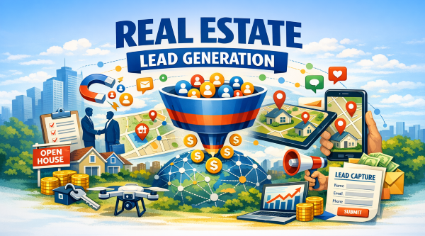 real estate lead generation funnel with houses, digital marketing icons, lead capture form, and devices showing property listings