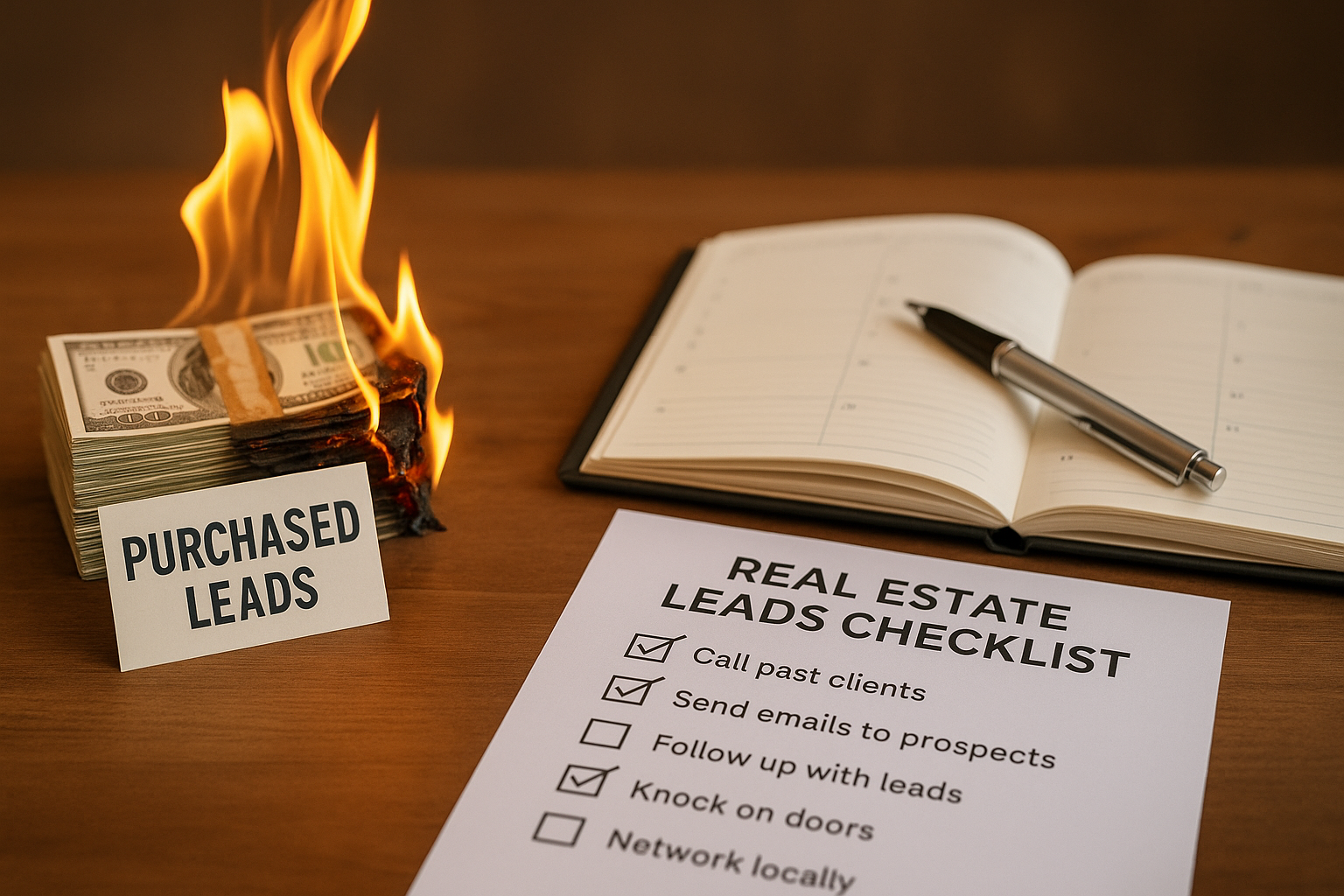Burning stack of cash labeled “Purchased Leads” next to a real estate agent’s organized workspace with a checklist and planner, symbolizing wasted money vs. strategic lead generation. real estate leads generation image