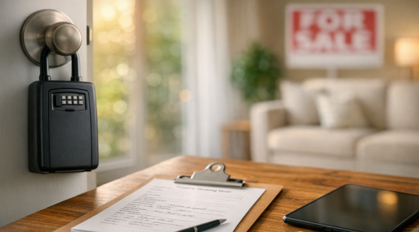 Real estate lockbox lead generation setup with clipboard, tablet, and keys