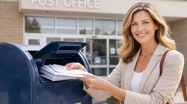 Female real estate agent mailing prospecting letters at a post office mailbox