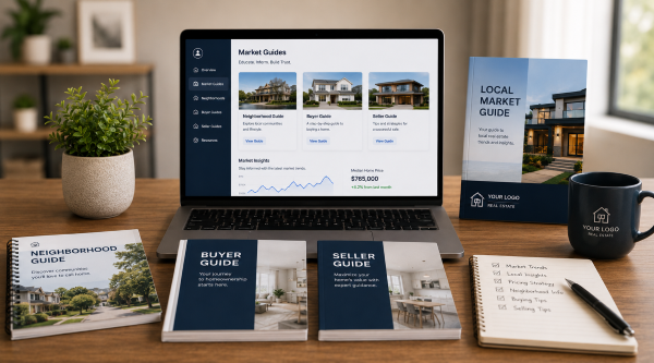 Real estate market guides for agents featuring buyer and seller guidebooks, neighborhood reports, and a digital market insights dashboard in a modern office workspace