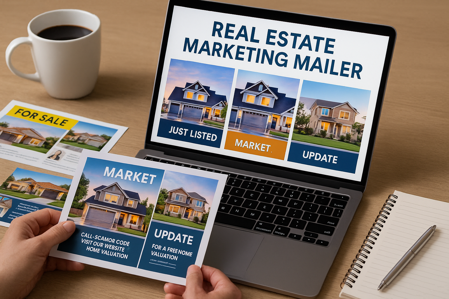Real estate agent designing marketing mailers on a laptop with printed postcard samples on a desk. real estate marketing mailers