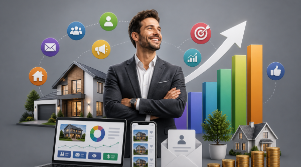 Real estate agent growing business with online real estate email marketing, analytics dashboard, and rising sales performance visuals