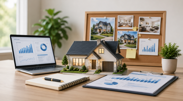 Real estate marketing plan workspace featuring a house model, laptop analytics dashboard, marketing charts, and strategy notes for real estate agents building a successful marketing plan.