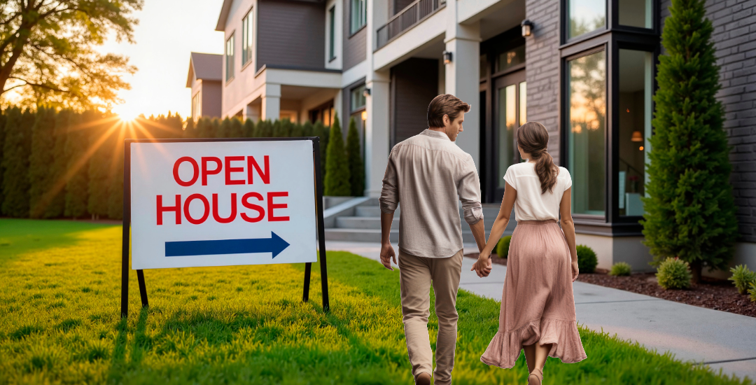 Curb appeal meets opportunity—buyers approach open house for a closer look. real estate open house flyers