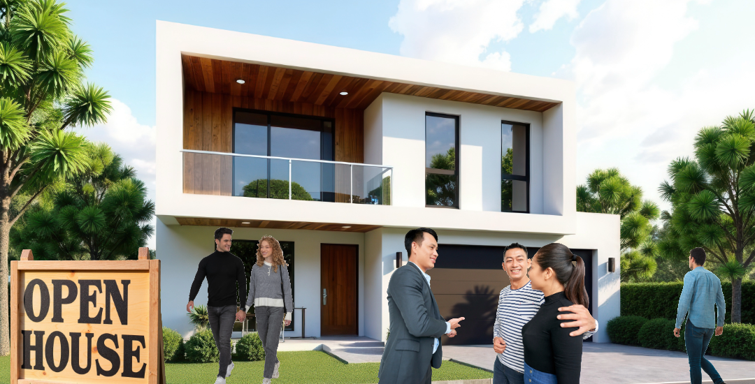 Excited buyers entering and exiting a real estate open house—where new opportunities begin. real estate open houses ae x 2