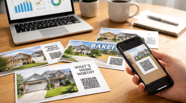 Using QR Codes on Real Estate Postcards to Capture Leads Hand scanning a QR code on real estate postcards with a smartphone while marketing analytics display on a nearby laptop