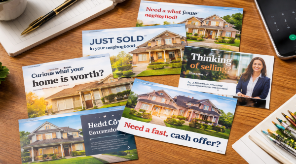 Real Estate Postcard Wording Examples and Direct Mail Campaign Planning Real estate marketing desk with postcards, smartphone, pen, and notebook arranged for planning postcard campaigns