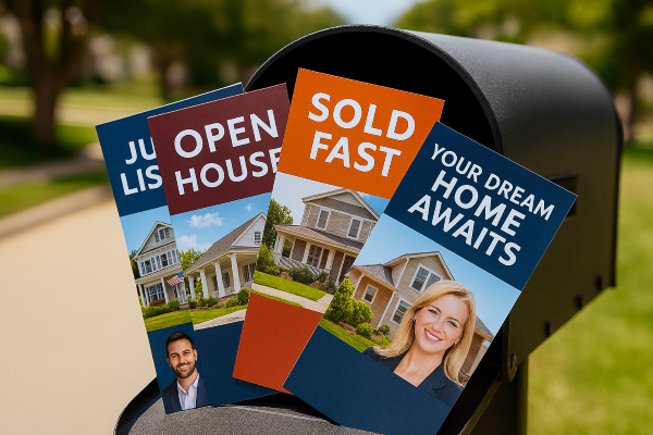 Real estate postcard with 'Just Listed' headline, photo of white two-story house, and portrait of smiling male agent in navy suit