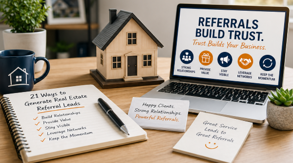 Real Estate Referral Leads Strategy Built on Relationships and Consistent Visibility Real estate referral strategy workspace with house model, laptop, and planner showing relationship-building and lead generation concepts