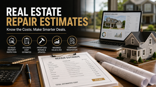 Real estate repair estimates with property inspection checklist, renovation costs, blueprints, and home investment analysis.