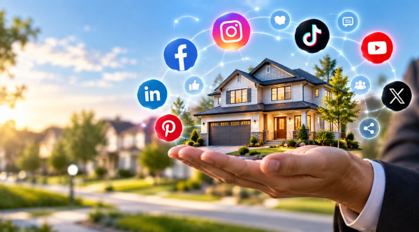 Real estate social media marketing strategy featuring a home surrounded by Facebook, Instagram, TikTok, LinkedIn, and other social platforms to attract buyers and sellers.