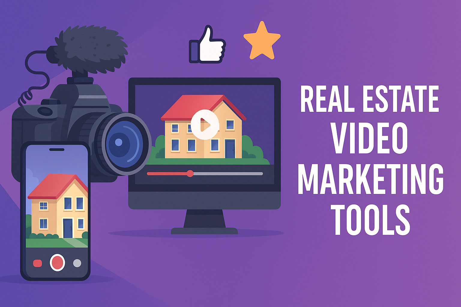 Real estate video marketing tools with camera, phone, and home video display. real estate video marketing tools