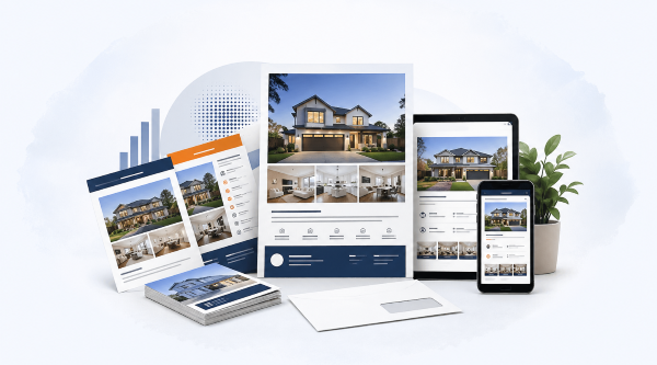Real estate website content presented across print and digital formats Modern real estate marketing materials including listing flyers, brochures, tablet and mobile display in a clean professional layout