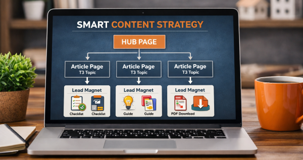 Real Estate Website Content Strategy Layout for Generating Leads Real estate website content strategy diagram showing hub pages, article pages, and lead magnets connected to generate online leads