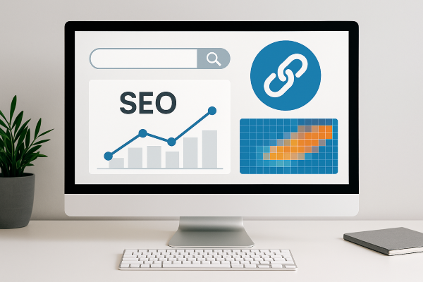 Computer screen displaying digital SEO elements including a search bar, backlink icon, analytics charts, and a heatmap on a clean modern workspace.