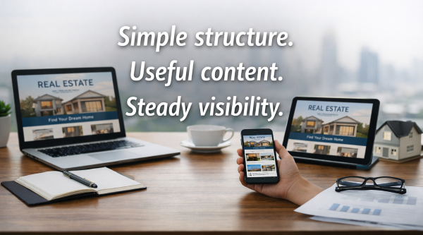 Real Estate Website Design Focused on Structure, Content, and Visibility Real estate website displayed across laptop, tablet, and smartphone showing simple structure, useful content, and steady visibility