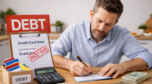 Man writing a check to repay credit card debt with bills, calculator, and credit cards on table in home setting