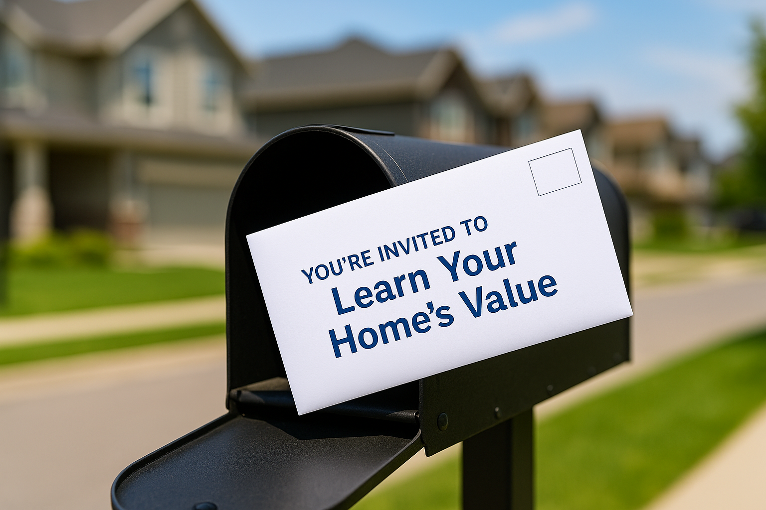 Real estate farming letter in a mailbox with the message “You’re Invited to Learn Your Home’s Value,” set in a suburban neighborhood. sample real estate farming letter