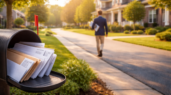 real estate agent delivering marketing letters in neighborhood for direct mail prospecting