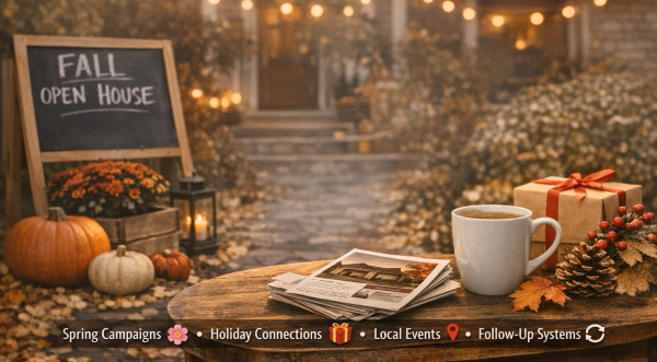 Autumn-themed real estate marketing setup with open house sign, seasonal decor, flyers, and coffee mug