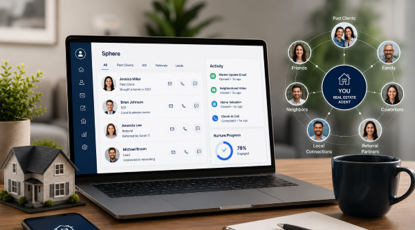 Sphere Nurturing for Real Estate Agents | CRM Relationship Marketing and Referral Growth Workspace Sphere nurturing for real estate agents featuring a CRM dashboard, relationship marketing network, referrals, past clients, and sphere of influence lead nurturing tools