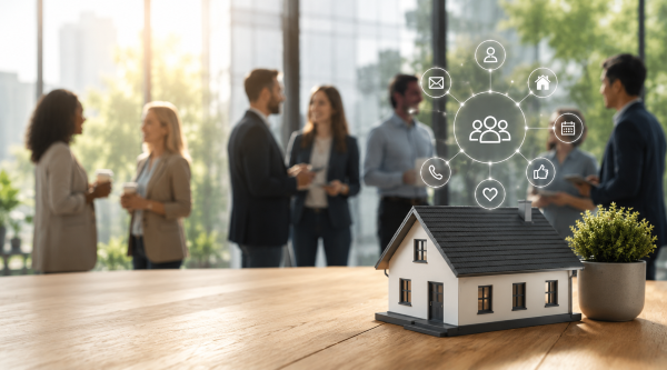 Sphere of Influence Real Estate Strategy for Building Strong Client and Referral Networks Sphere of influence real estate networking scene with agents building relationships, referral connections, and client trust around a model home in a modern office setting.
