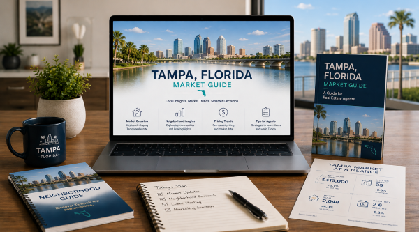 Tampa Florida Market Guide for Agents | Real Estate Market Reports, Neighborhood Insights, and Agent Marketing Resources Banner Tampa Florida market guide for real estate agents featuring local housing market reports, waterfront skyline insights, neighborhood guides, and agent marketing resources in a modern office workspace