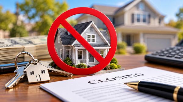10 Things Homebuyers Should Never Do Before Closing to Protect Their Deal Miniature house surrounded by a red warning symbol, house keys, cash, and closing documents illustrating mistakes homebuyers should avoid before closing.