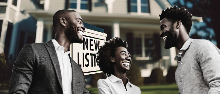 three peole in front of house