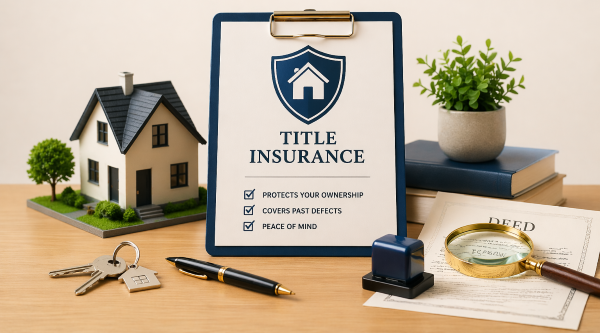 title insurance concept with home model, keys, deed document, and secure ownership protection symbols