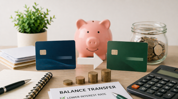 balance transfer strategy with credit cards, savings coins, calculator, and piggy bank to reduce interest and save money