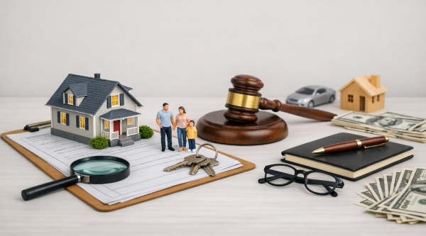 Model house, family figurine, keys, gavel, calculator, and notebook arranged on a bright neutral desk to illustrate homeowner’s insurance coverage and closing protection.