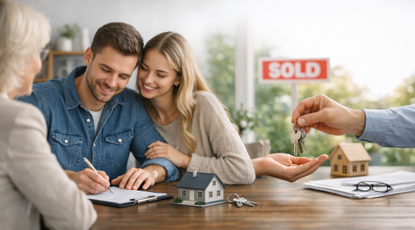 Couple signing real estate documents with agent while keys and miniature house sit on the table; another hand passes keys to new owners beside a “SOLD” sign in soft daylight.