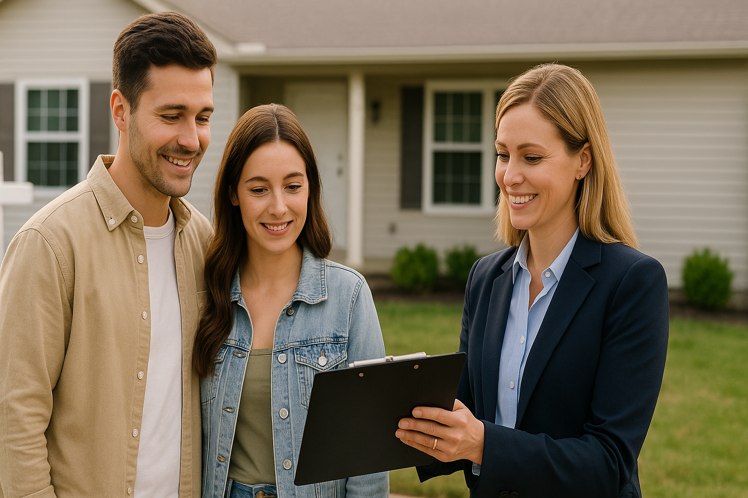 Couple reviews home buying details with real estate agent outside a house for sale. What To Know Before Buying a House