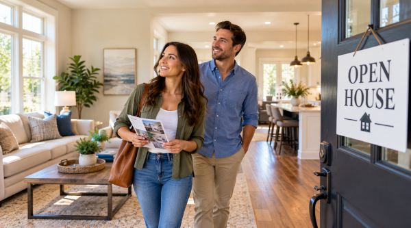 What to Look for at an Open House – Essential Home Buyer Tips Couple touring an open house, reviewing property details and exploring the home's interior while evaluating features before buying.
