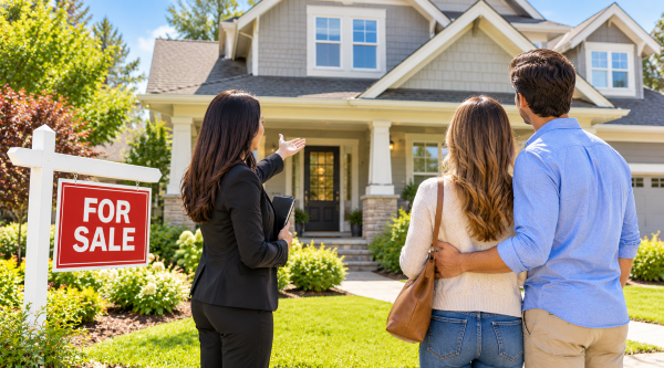 What to Look for When Buying a House – Home Buying Tips Real estate agent showing a house for sale to a couple, pointing out home features as they consider buying a house.