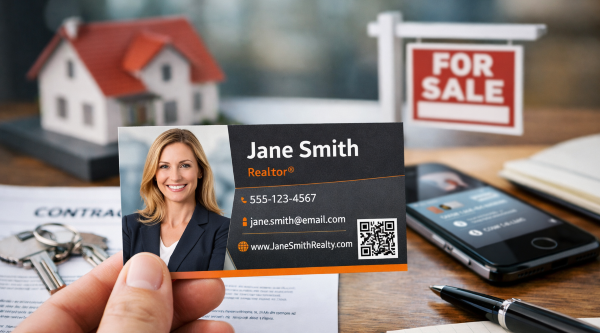 What to put on a real estate business card — professional layout example example showing what to put on a real estate business card including photo and QR code