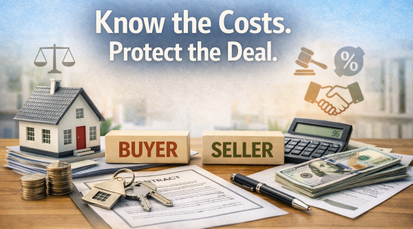 Real estate closing costs concept with buyer and seller blocks, house model, documents, and cash on a table