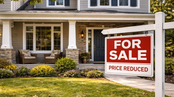 Home with a price reduced for sale sign in front yard after struggling to sell