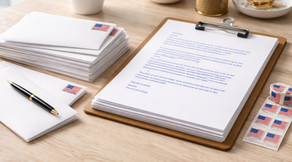 Ready-to-mail expired listing letters and envelopes — start your follow-up system today Stack of printed expired listing letters with envelopes, stamps, and clipboard ready for direct mail follow-up