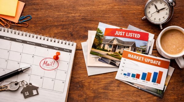 Calendar and stack of postcards representing consistent real estate postcard mailing frequency