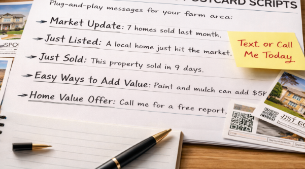 Real estate postcards and handwritten message drafts for creating effective farming postcard scripts