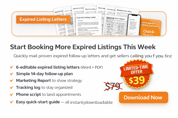 Expired Listing Letters kit for real estate agents showing crossed‑out $79 price replaced with $39 limited‑time offer badge and download button.