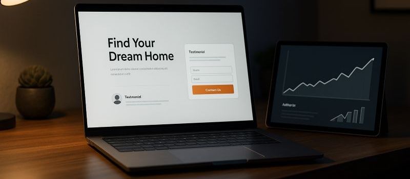 Real estate lead-generation landing page with testimonials and a simple contact form, displayed on modern devices.